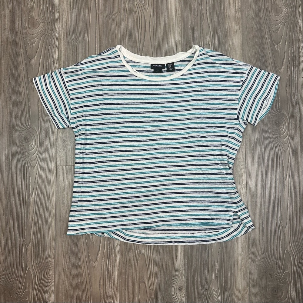 Jones & Co Blue White‎ Striped Linen T-Shirt Medium Short Sleeve Coastal Summer
